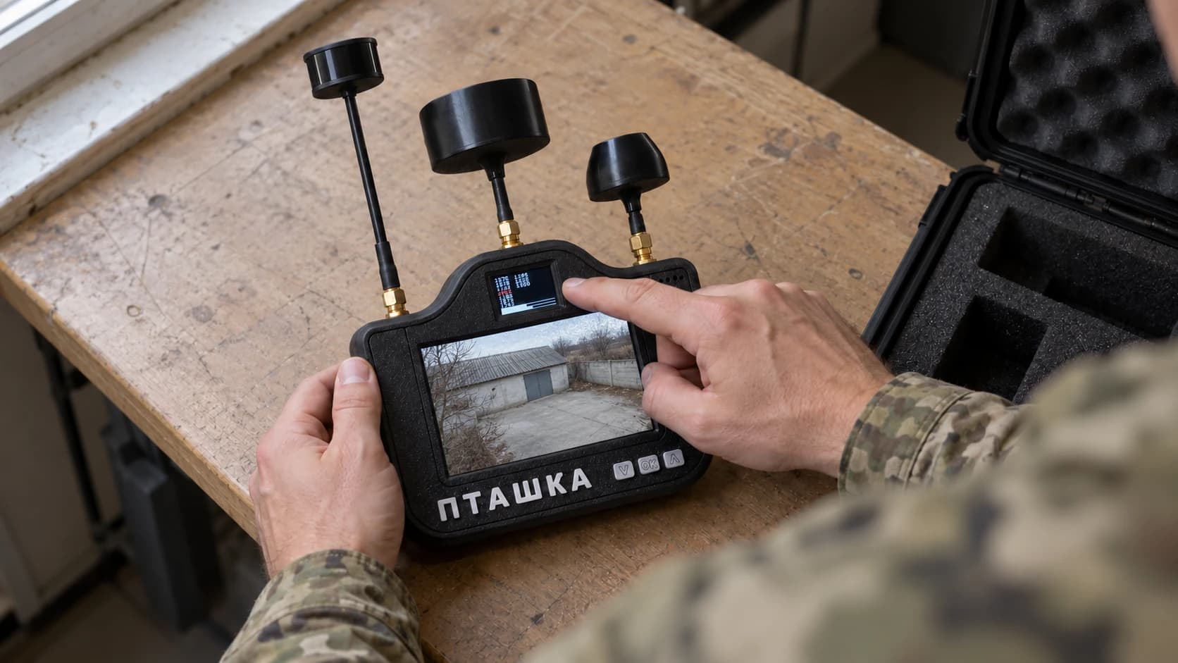 Generated illustration of a Ptashka detector being reviewed at a workbench